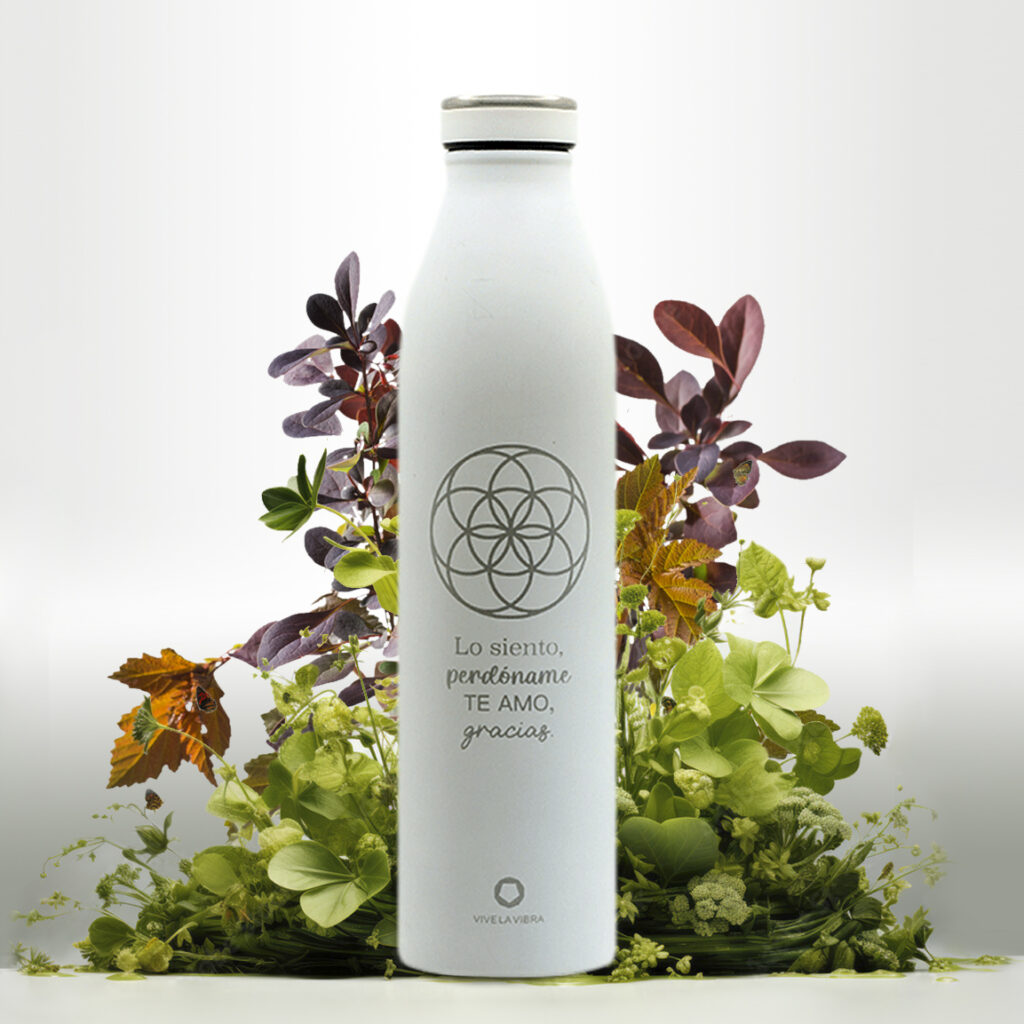 Botella de acero inoxidable grabada con flor de la vida y hoponopono.